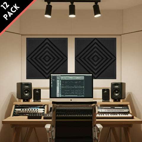 Black acoustic foam wedge panels arranged on studio wall