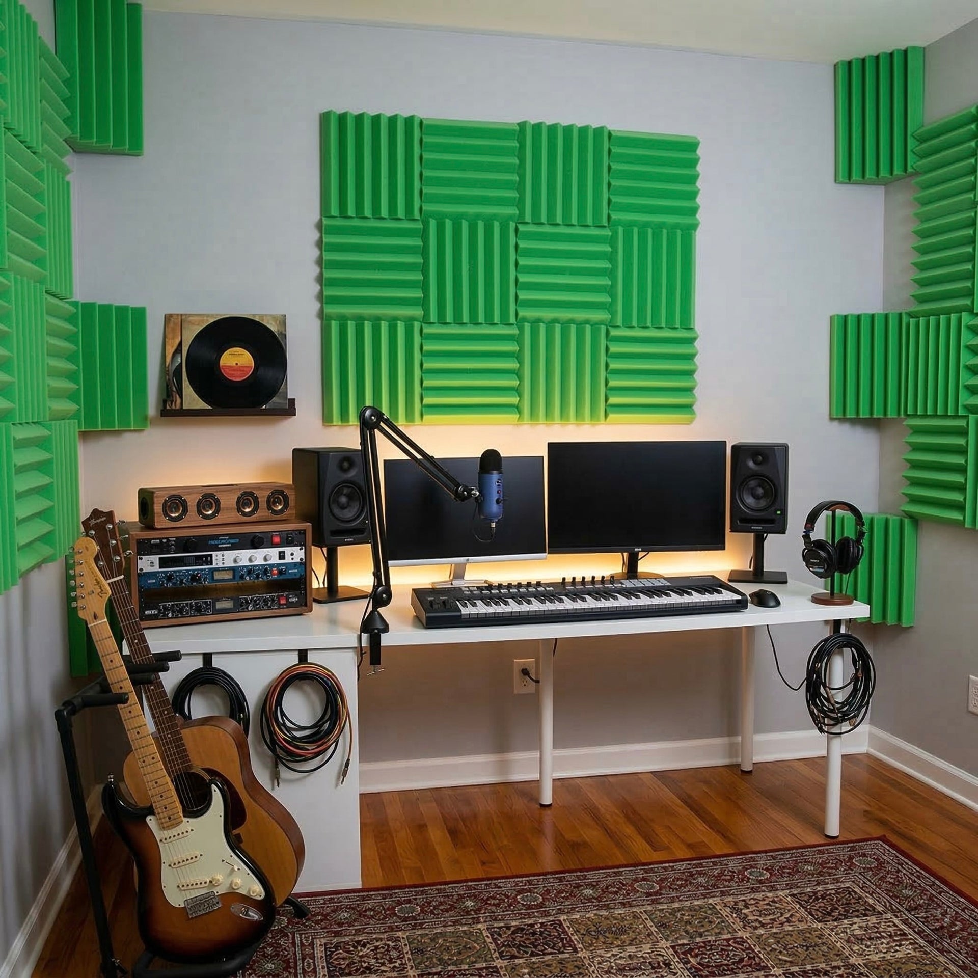 Black acoustic foam wedge panels arranged on studio wall