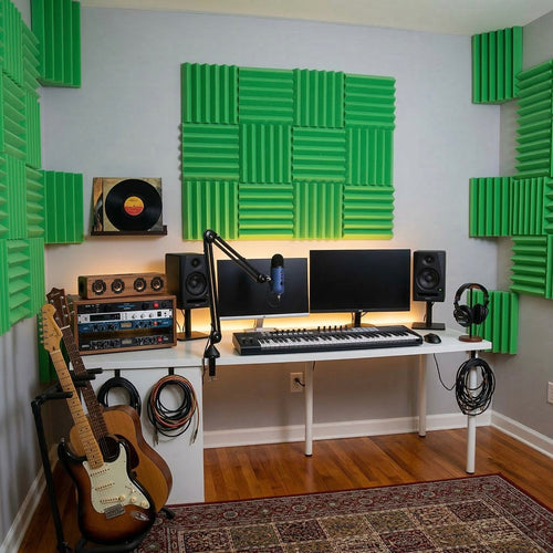 Black acoustic foam wedge panels arranged on studio wall