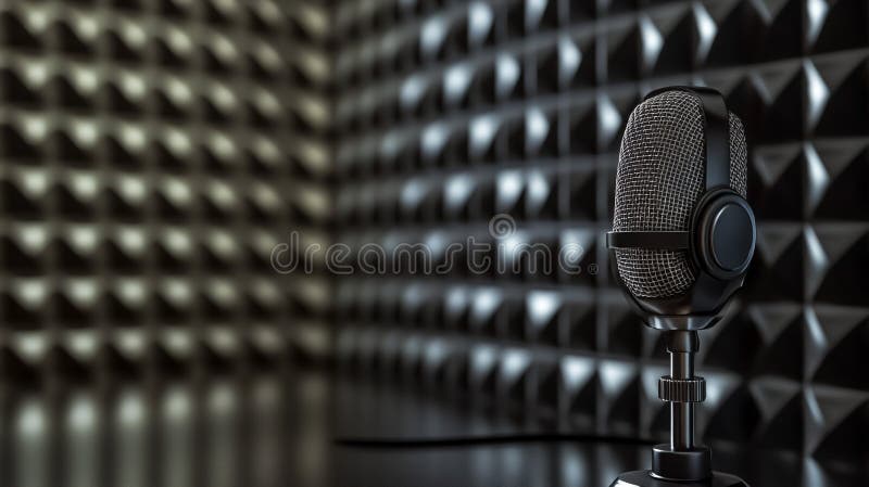 Vintage black broadcast studio microphone on dark background